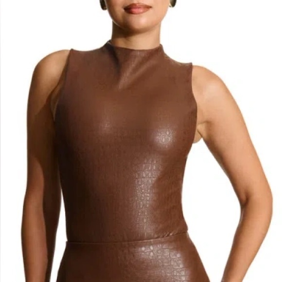 Naked Wardrobe Croc Embossed Faux Leather Sleeveless Bodysuit in brown SZ L New - Picture 1 of 5